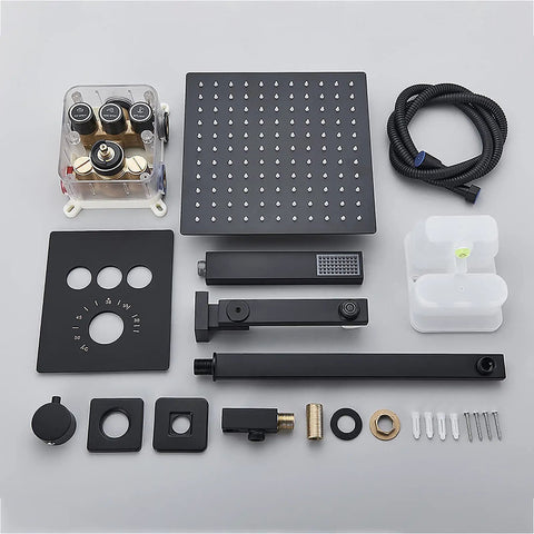 Straight Up Matte Black Ceiling Mount Shower System With Water Powered Led Rain Head Temp Tracking Color Swap components layout.