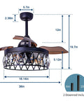 36 Inch Matte Black Crystal Ceiling Fan With Light And Remote, 3 Retractable Blades, dimensions and downrod options shown