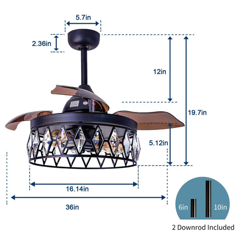 36 Inch Matte Black Crystal Ceiling Fan With Light And Remote, 3 Retractable Blades, dimensions and downrod options shown