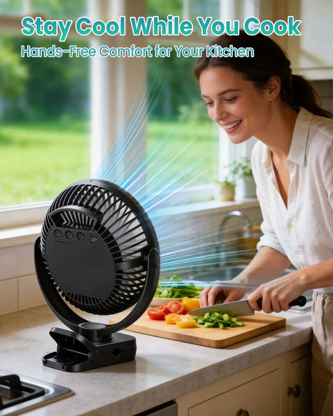 Massive 40000mAh Clip On Fan With Light 2 In 1 Portable USB Rechargeable Fan used in kitchen for cooling during cooking