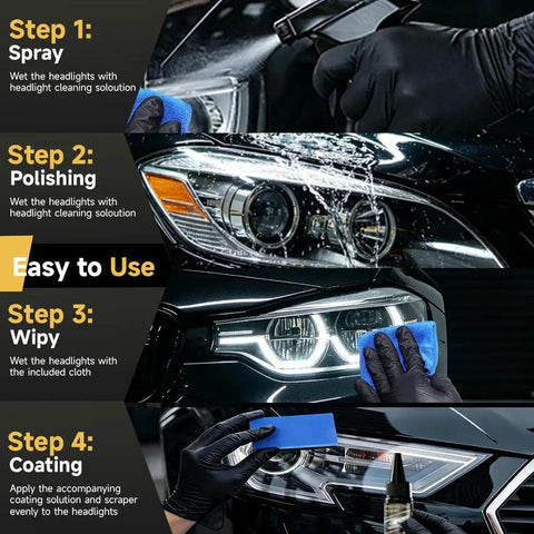 Headlight Restoration Kit With Cleaner And Ceramic Sealant For 10x Brighter Lights Removes Yellow Haze And Cloudiness process steps