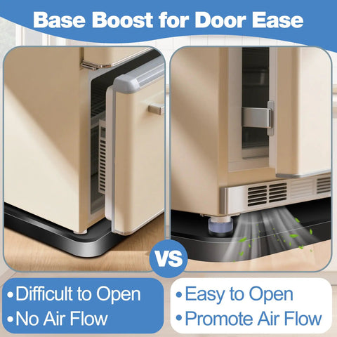 Comparison of mini fridge on silicone mat with four base risers promoting air flow versus without; Mini Fridge Silicone Mat With Four Base Risers 24 By 24 By 0.8 Inches Drip Tray Under Refrigerator Mat Floor Protector Leak Resistant Portable Durable Anti Slip Black.
