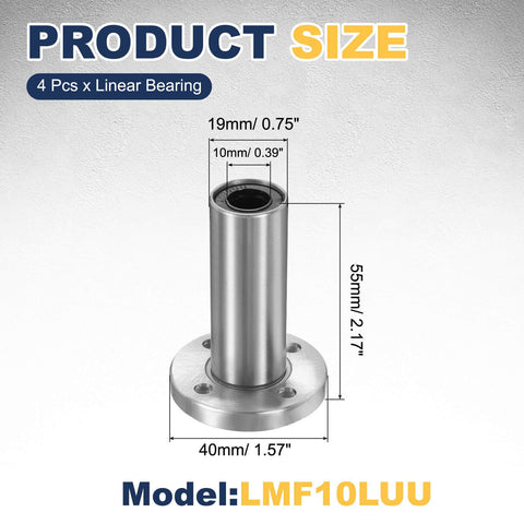 4 Pack LMF10LUU Linear Ball Bearings 10mm Bore Round Flange With Double Side Rubber Seal ABEC3 For CNC Machines and 3D Printers