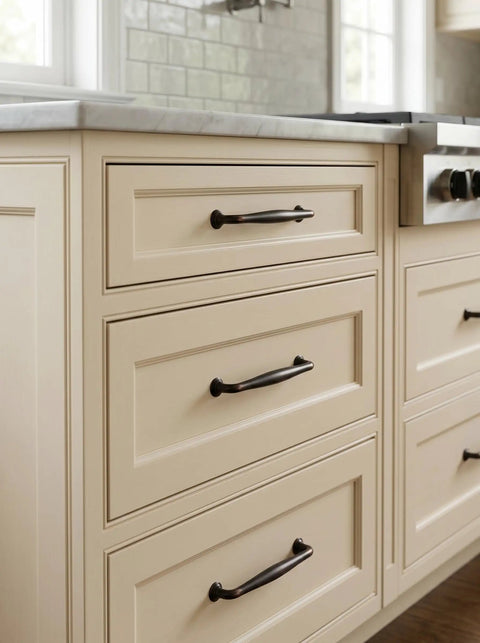 Oil Rubbed Bronze Cabinet Pulls with 5 Inch Hole Centers, 6 Pack on cream kitchen drawers