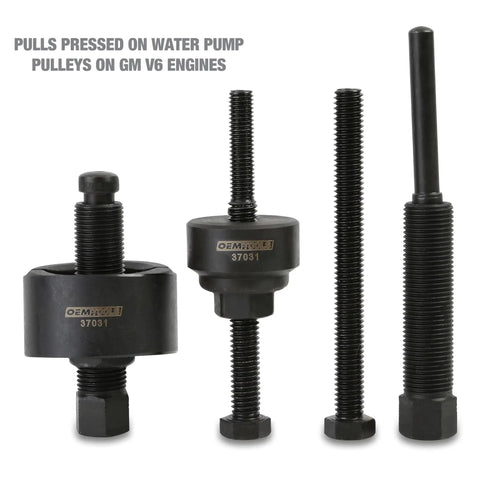 Power Steering Pulley Puller And Installer Kit All In One Tool For Ford GM VW Chrysler Cars, four black metal components on white background