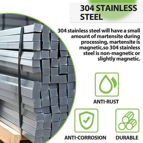 Stack of 304 stainless steel bars with text on anti-rust, anti-corrosion, and durability properties