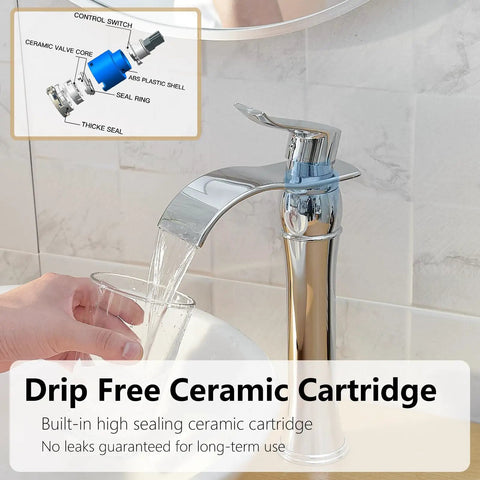 Chrome Vessel Sink Faucet Tall Waterfall Design With Pop Up Drain Single Handle Polished Finish Without Overflow 1 Hole Basin Mixer