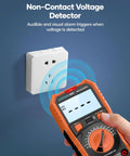 Handheld 6000 Counts TRMS Digital Multimeter with NCV detecting wall outlet voltage, showing digital screen display.