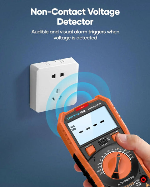 Handheld 6000 Counts TRMS Digital Multimeter with NCV detecting wall outlet voltage, showing digital screen display.