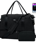 Underseat Personal Item Bag With USB Charging Port, Grab And Go 30L Travel Duffel With Wet Pocket And Shoes Compartment, Carry On Luggage For Women And Men, Black, seen with smartphone connected