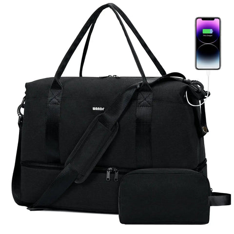 Underseat Personal Item Bag With USB Charging Port, Grab And Go 30L Travel Duffel With Wet Pocket And Shoes Compartment, Carry On Luggage For Women And Men, Black, seen with smartphone connected