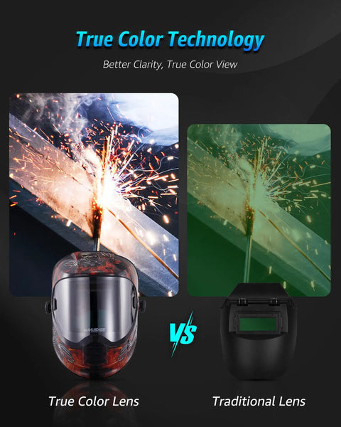 Comparison of true color lens vs traditional lens on Solar Powered Auto Darkening Welding Helmet With Wide Shade 9 13 For TIG MIG ARC Welding Hood Adjustable Sensitivity And Delay Comfortable Fit Lightweight Headgear For DIY Welders And Pros