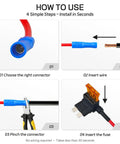 Step-by-step guide for installing 36 Piece Add A Circuit Fuse Tap Kit For 12V Automotive Wiring with connectors and fuse insertion.