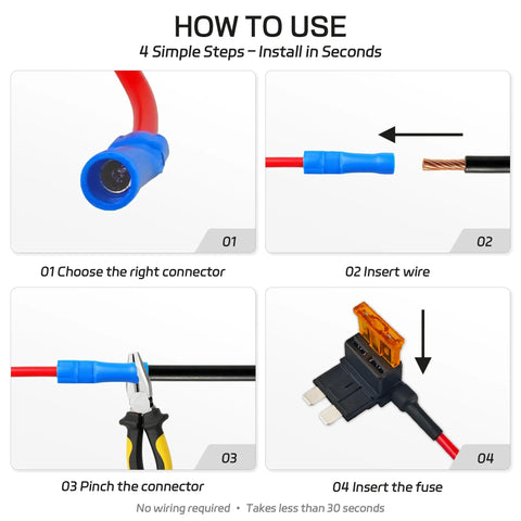 Step-by-step guide for installing 36 Piece Add A Circuit Fuse Tap Kit For 12V Automotive Wiring with connectors and fuse insertion.