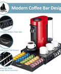 Modern Black Metal Vertuo Pod Storage Drawer For Coffee Machines Space Saving Capsule Organizer That Holds 50 Vertuo Pods Industrial Chic Kitchen Organizer To Keep Pods Neatly Accessible And Easy To Grab with red coffee machine on top and mugs alongside