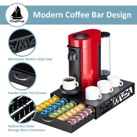 Modern Black Metal Vertuo Pod Storage Drawer For Coffee Machines Space Saving Capsule Organizer That Holds 50 Vertuo Pods Industrial Chic Kitchen Organizer To Keep Pods Neatly Accessible And Easy To Grab with red coffee machine on top and mugs alongside