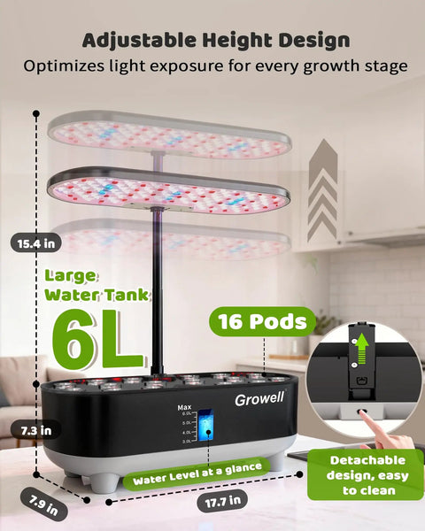 16 Pod Vertical Hydroponics Grow System for Indoor Garden Dope Kit With LED Grow Light and Smart Water Circulation