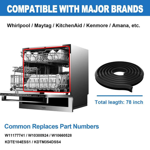Dishwasher Door Gasket Seal Replacement For Whirlpool Maytag KitchenAid Kenmore Amana shown with dishwasher and coiled gasket