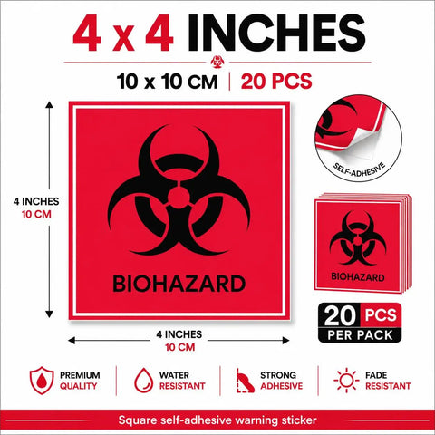 Straight Fire Heavy Duty Waterproof Biohazard Warning Stickers Big Time Visibility 4X4 Inch Decals, 20 pack of self-adhesive safety labels.