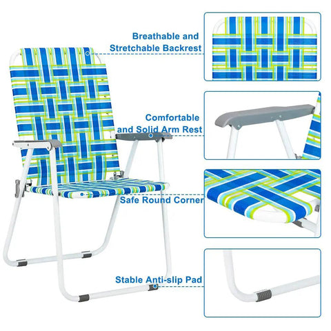 Two Pack Webbed Folding Lawn Chairs For Outdoor Use Beach Camping Patio Garden Backyard Dining Blue Classic with breathable backrest
