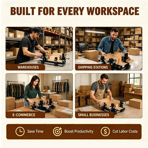 Heavy Duty Manual Box Folding Tool Adjustable Corrugated Cardboard Folder presses four flaps in e-commerce workspace