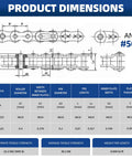 Product dimensions chart for Patioer Heavy Duty Roller Chain #50H 10 Feet Carbon Steel Industrial Link for machinery use.