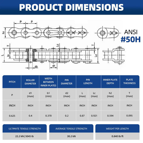 Product dimensions chart for Patioer Heavy Duty Roller Chain #50H 10 Feet Carbon Steel Industrial Link for machinery use.
