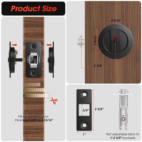 Matte Black Pocket Door Lock Set With Privacy Indicator For Sliding And Pocket Doors, Heavy Duty Flush Door Hardware dimensions