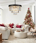 Black Crystal Chandeliers Modern Round Ceiling Light Fixture 20 Inch Dimmable 9 Lights 3 Tier Raindrop Pendant in living room