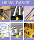 Using range image showing applications for Jewelry, Stainless Steel, Hardware, Glass, Ceramics, Woodware in various settings.