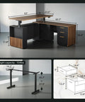 63 Inch Standing Desk With File Cabinet And Privacy Panel Electric Height Adjustable L Shaped Desk With AC USB Ports 1.18 Inch Thick Desktop Three Drawers Black Walnut Finish For Home Office