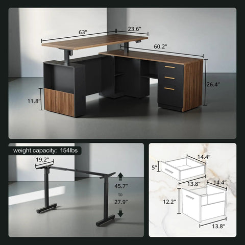 63 Inch Standing Desk With File Cabinet And Privacy Panel Electric Height Adjustable L Shaped Desk With AC USB Ports 1.18 Inch Thick Desktop Three Drawers Black Walnut Finish For Home Office