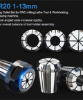 Super Cool 1 To 13 mm ER20 Collet Chuck Set For CNC Engraving Machining, showcasing various collet sizes and secure grip features.