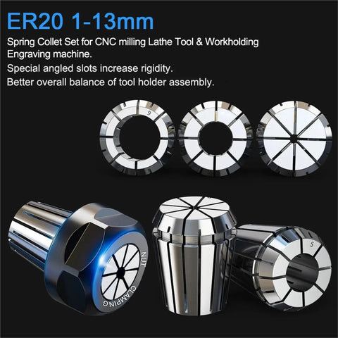 Super Cool 1 To 13 mm ER20 Collet Chuck Set For CNC Engraving Machining, showcasing various collet sizes and secure grip features.
