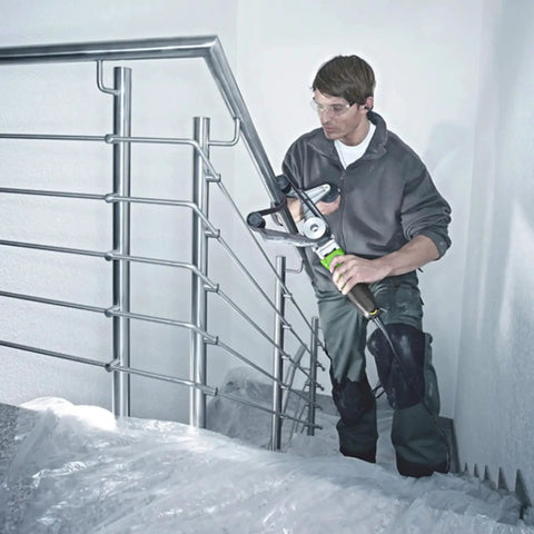 Man using 110V 800W Pipe And Tube Polisher With Stainless Round Sander, 360 Degree Rotation, 6 Speed Adjustable on railing