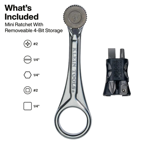 Slim Magnetic Mini Ratchet Set With 90-Tooth Gear For Tight Spaces, 1/4-Inch Nut Driver, 4 Bit Storage shown with bits