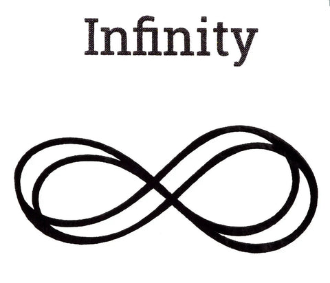 Stylized infinity symbol with the word 'Infinity' above, resembling design on Infinity Symbol Metal Punch Stamp 6mm For Jewelry Making And Metal Craft.