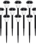 Super Bright Solar Path Lights Outdoor Waterproof 10 Pack Dusk To Dawn Up To 12 Hours Solar Powered Auto On Off LED Landscape Lighting With Mandala Pattern For Walkways Patios And Yards No Fuss Easy Setup, shown in black stakes with clear LED tops.