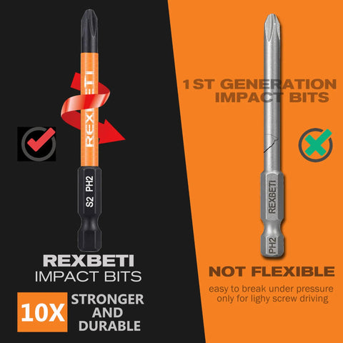 Comparison of REXBETI impact bit with 10X strength and 1st generation bit for Torx Head Screwdriver Bit Set With 1 Quarter Inch Hex Shank.