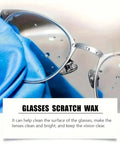 Eyeglass Scratch Remover Kit 30g For Lenses And Sunnies With Sponge Restorative Cleaning Paste shown on blue cloth with glasses