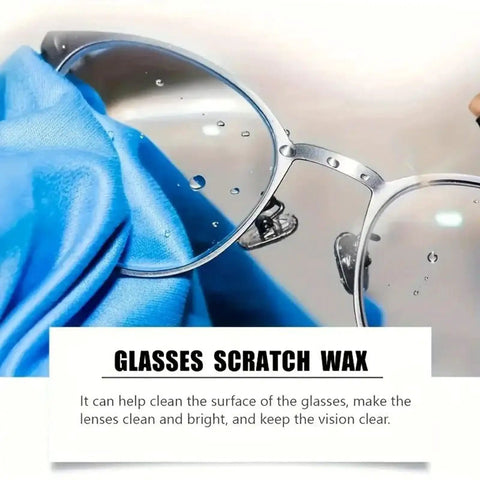 Eyeglass Scratch Remover Kit 30g For Lenses And Sunnies With Sponge Restorative Cleaning Paste shown on blue cloth with glasses