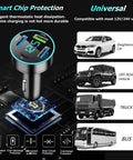 Superfast Eighty Eight Watt Four Port USB C Car Charger With Digital Voltmeter PD QC 3.0 showing car compatibility and chip protection.