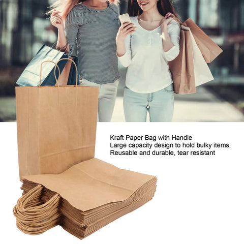 Heavy Duty Kraft Paper Shopping Bags With Handles For Reuse And Easy Carry DIY Friendly For Decorating Large Capacity Groceries And Gifts Sturdy Portable Bags For Home Restaurants And Shops shown in a stack.