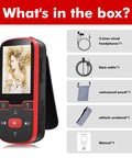 Clip-On Bluetooth 5.3 MP3 Player With 1.5 Inch Screen, HiFi Sound, and box contents including headphones and data cable, red.