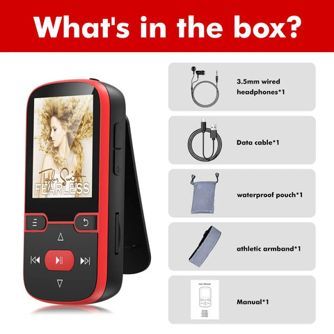 Clip-On Bluetooth 5.3 MP3 Player With 1.5 Inch Screen, HiFi Sound, and box contents including headphones and data cable, red.