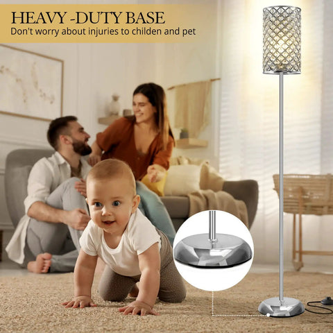Baby crawling near Crystal Floor Lamp With K9 Crystals Tall Silver Modern Standing Light Luxe Accent Lamp