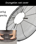 Industrial Grade Three Speed Free Standing Gym Fan Equipped With Rapid Mist Cooling And Slick Continuous Oscillation Featuring Ultra Quiet Motor Mobile Pedestal Design net cover showing bearing capacity with feet on it.