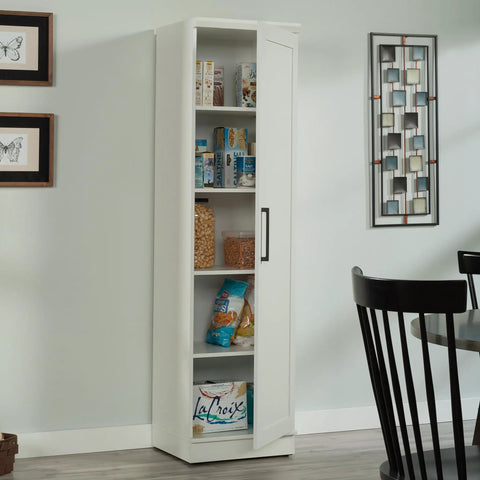 Slim Pantry Cabinet With Adjustable Shelves, Narrow Kitchen Storage Cabinet In Soft White, Single Door With Pantry Items