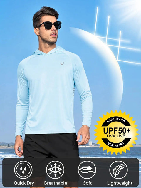 Man in skyblue Men's UPF 50 Plus Sun Shield Hoodie Rash Guard, Lightweight 4 Way Stretch Long Sleeve Shirt at the beach