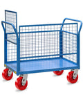 Blue cart with red wheels showing Caster Set Four Inch By One And One Half Inch Solid Polyurethane Wheels Heavy Duty Casters.